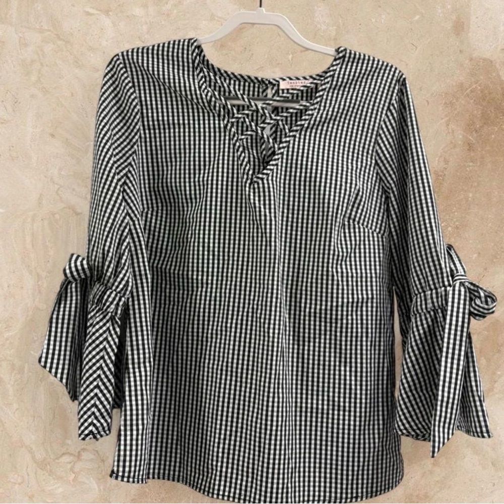 Tempted Black White Gingham Blouse L Bow Sleeve Criss Cross Neck Cottagecore